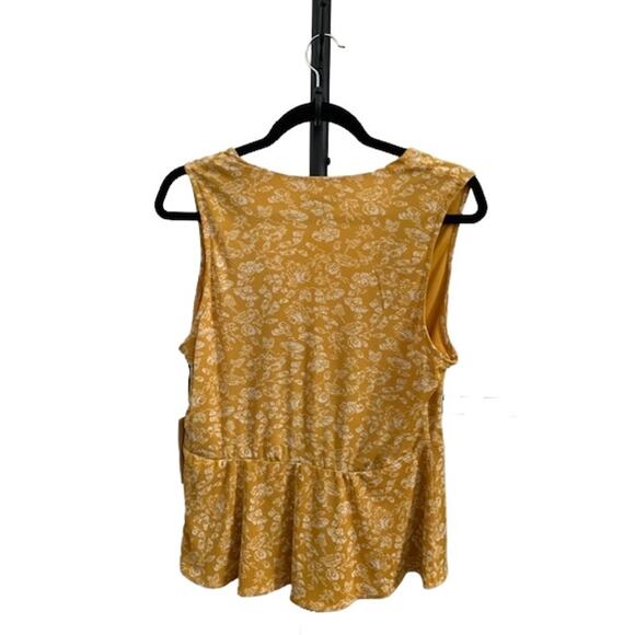 Halogen-Sleeveless-Peplum-Top-Floral-Deep‎ V Neck-Mustard-Yellow-Poly-Women-M - Picture 2 of 6